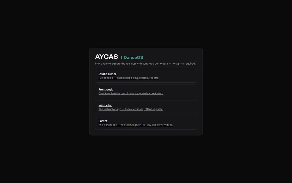 DanceOS role-selection screen — pick a role to explore the real app with synthetic demo data, no sign-in required